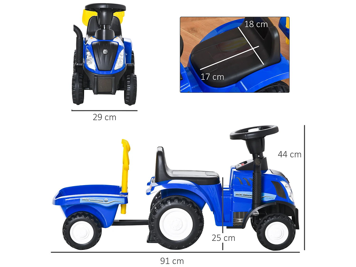 Tractor con remolque infantil azul 91x29x44 cm HOMCOM