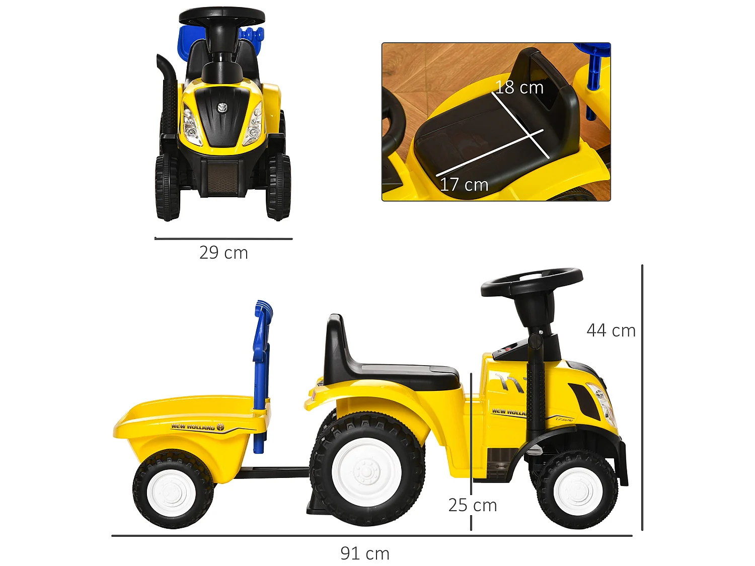 Tractor con remolque infantil amarillo 91x29x44 cm HOMCOM