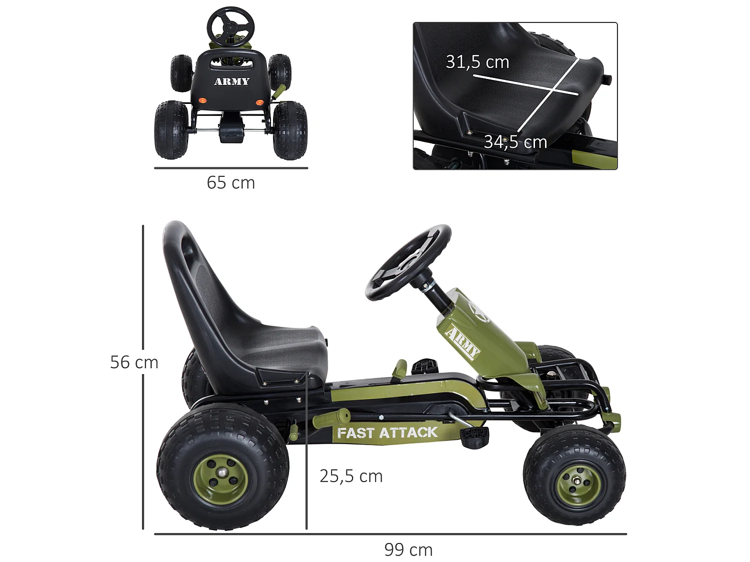 Go-kart a pedales para niño negro y verde 99x65x56cm HOMCOM