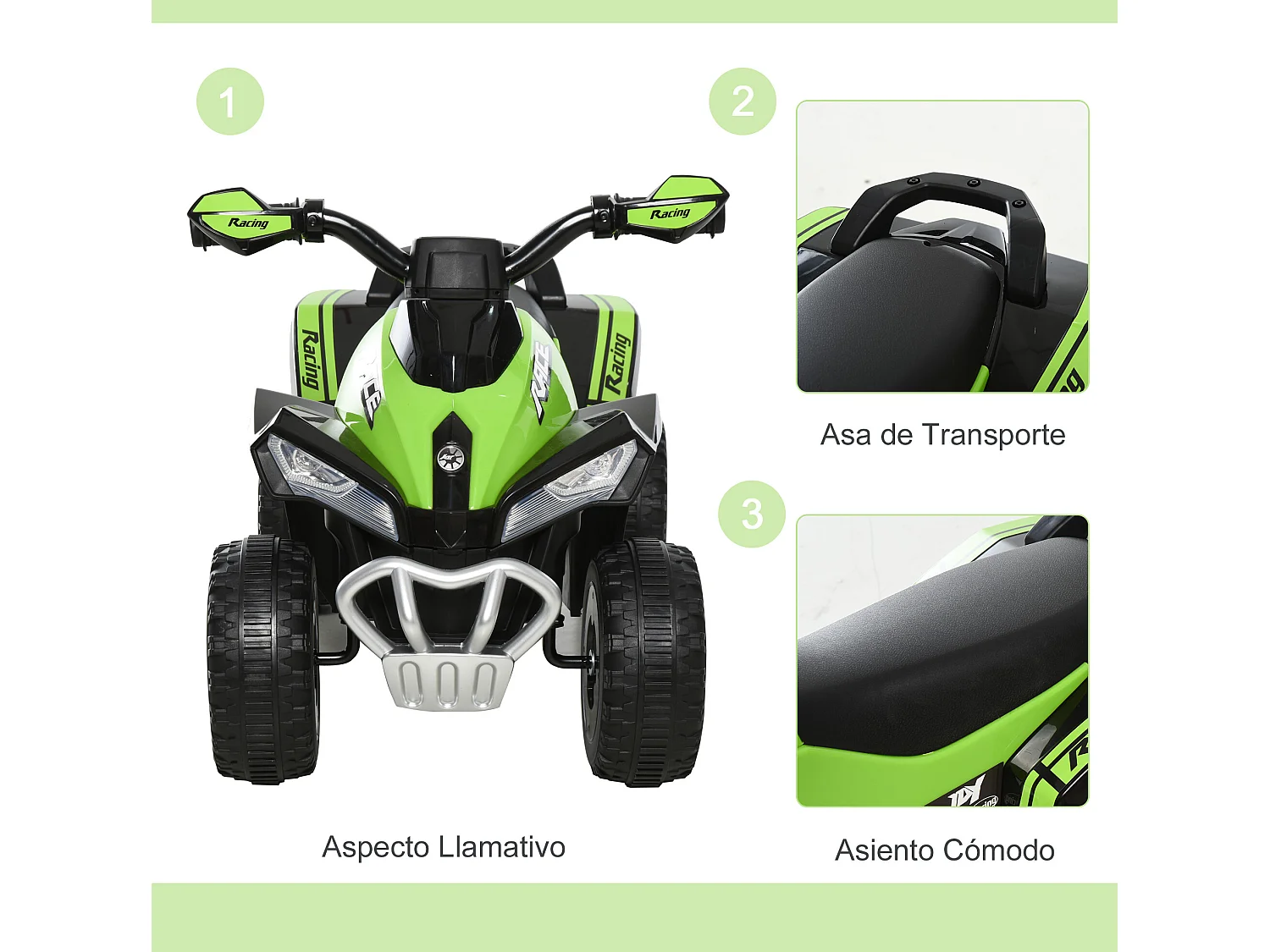 Quad correpasillo para niños verde 67.5x38x44 cm HOMCOM