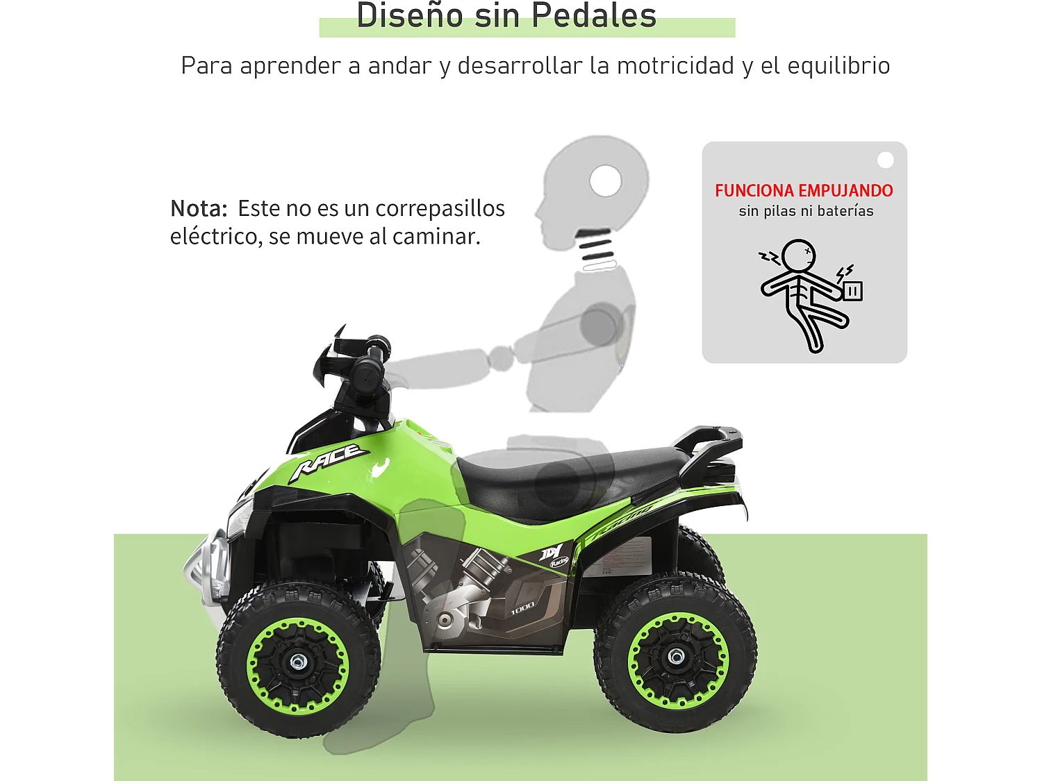 Quad correpasillo para niños verde 67.5x38x44 cm HOMCOM