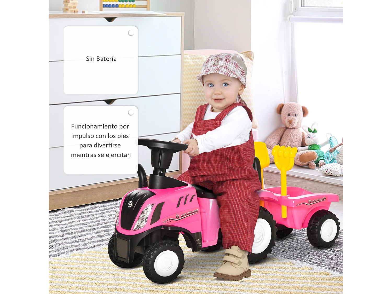 Tractor con remolque infantil rosa 91x29x44 cm HOMCOM