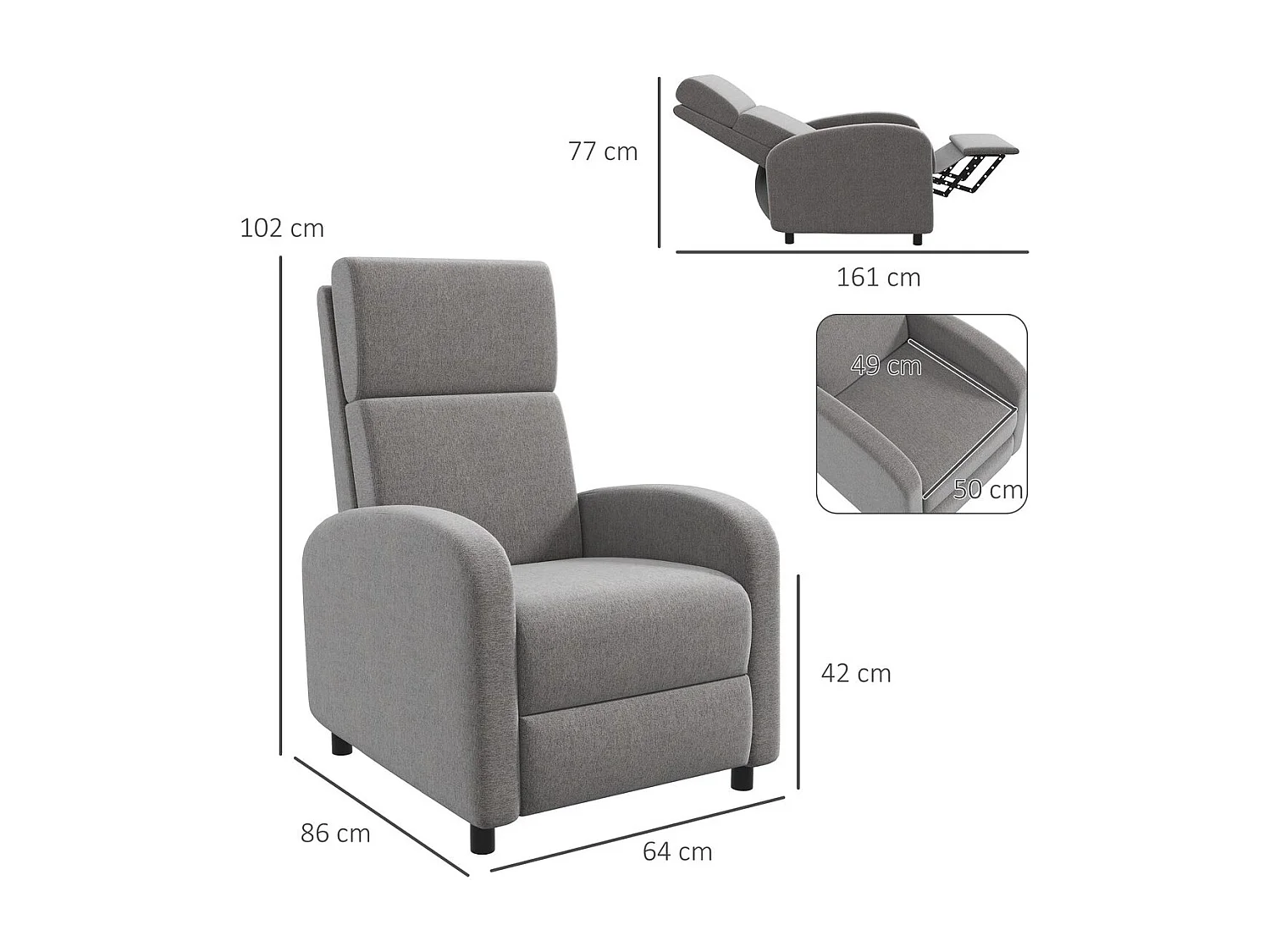 Sofá reclinable gris 64x86x102 cm HOMCOM