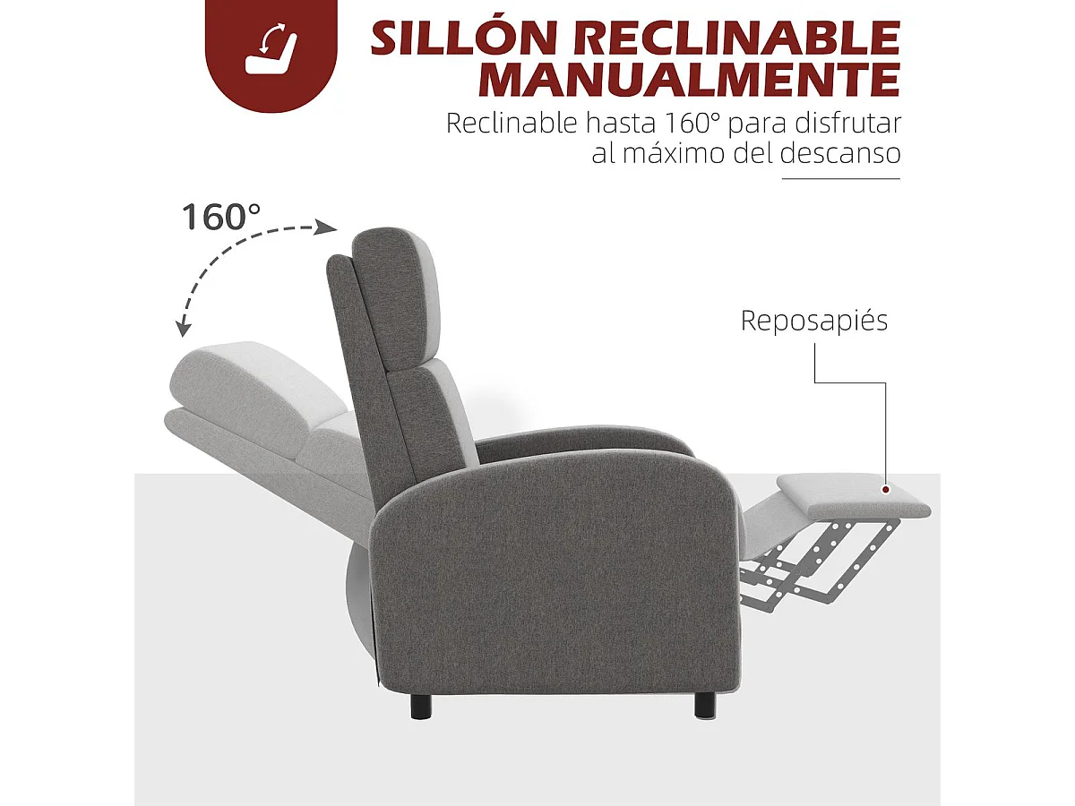 Sofá reclinable gris 64x86x102 cm HOMCOM