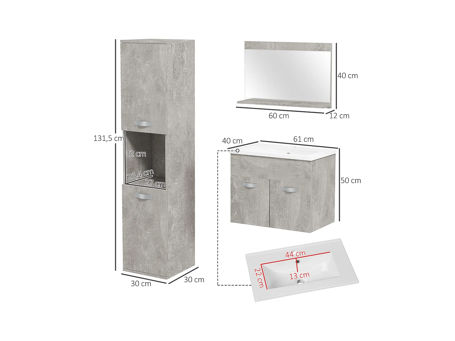 Conjunto de muebles de baño gris 30x30x131.5 cm kleankin