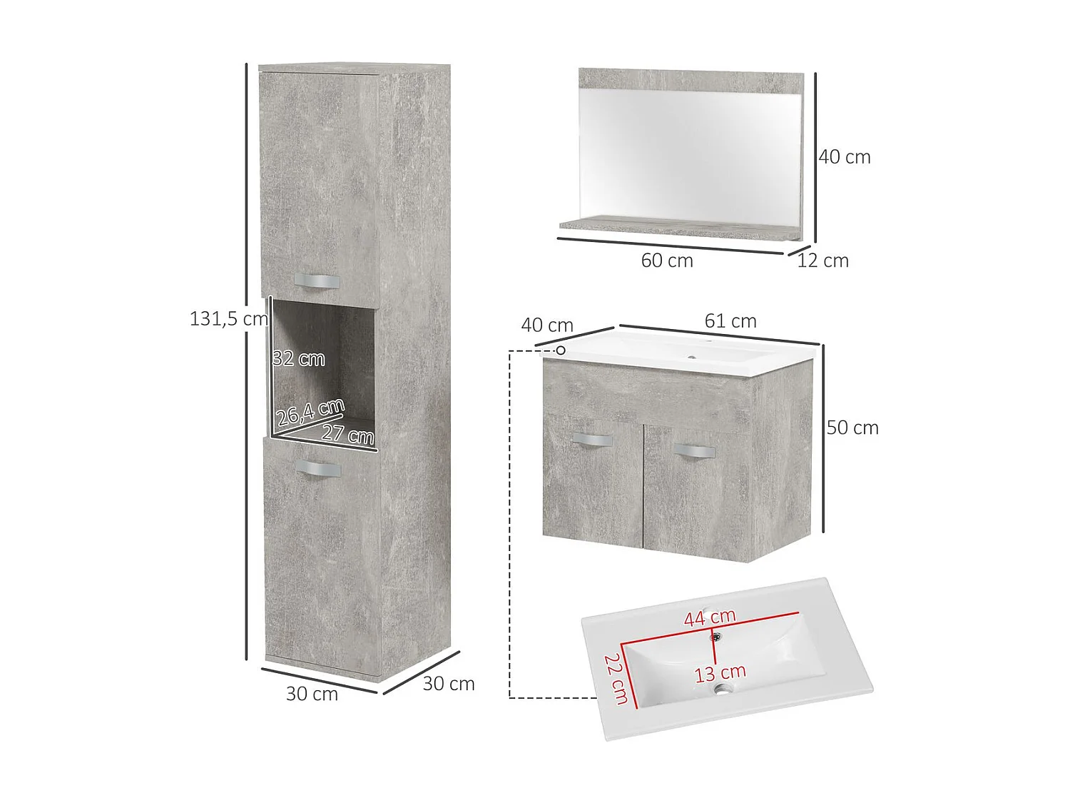 Conjunto de muebles de baño gris 30x30x131.5 cm kleankin