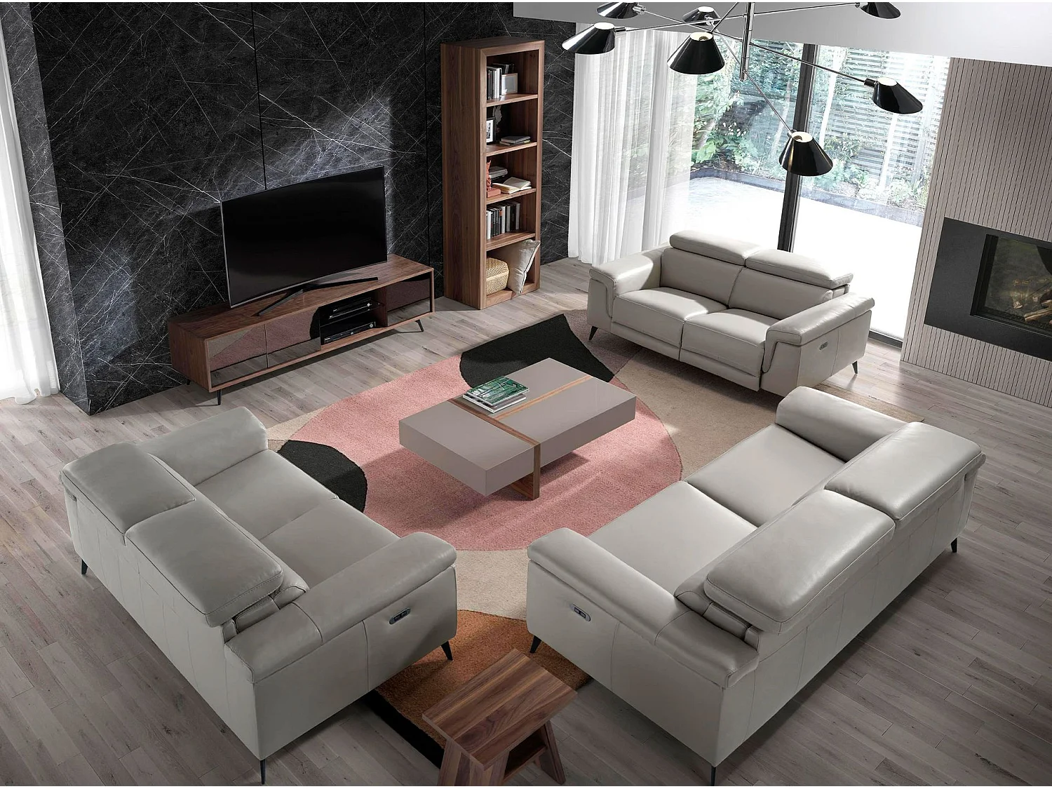 TV-Möbel aus schwarzem Glas, Nussbaum und schwarzem Stahl mit Spiegeleffekt 3223 ANGEL CERDA