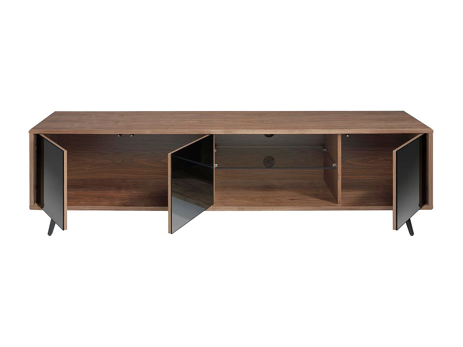 Meuble TV en verre noir effet miroir, noyer et acier noir 3223 ANGEL CERDA