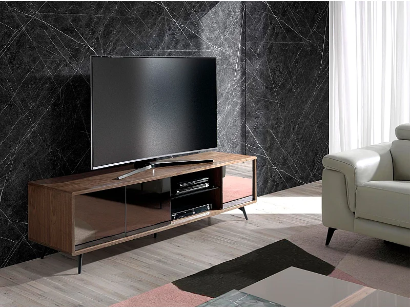 TV-Möbel aus schwarzem Glas, Nussbaum und schwarzem Stahl mit Spiegeleffekt 3223 ANGEL CERDA