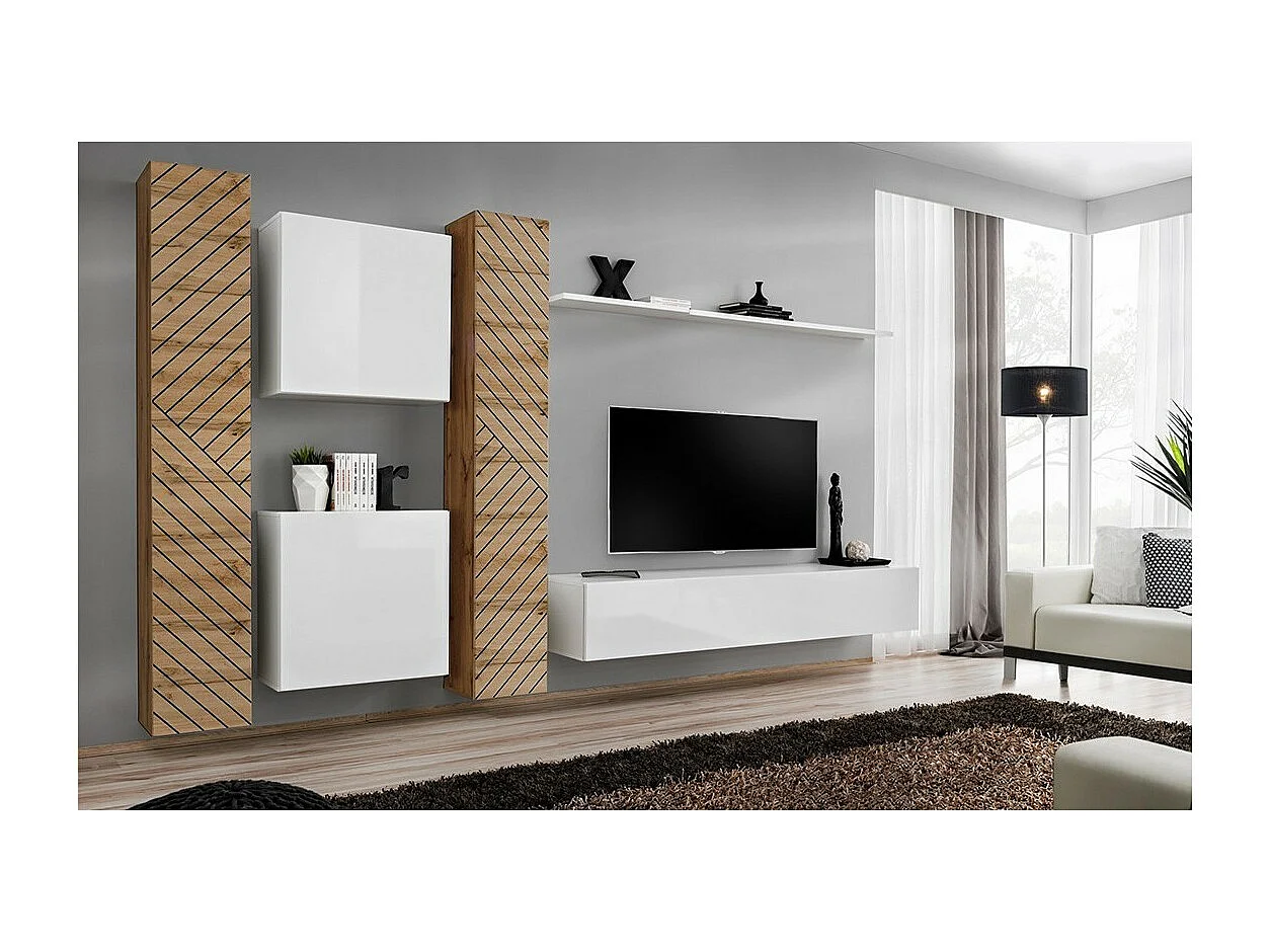 Ensemble meubles design salon SWITCH VI, chêne/blanc, finition chêne effet fraisé et blanches brillantes