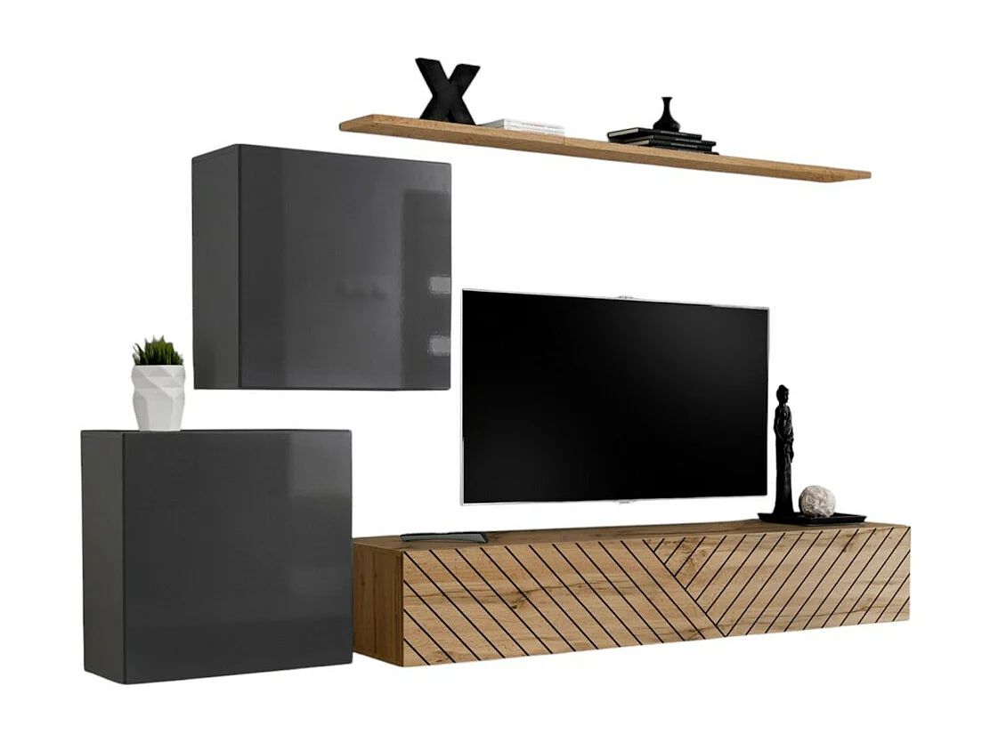 Designer-Wohnzimmermöbelset SWITCH V, in Grau und Eichenfarben. Ausführungen in glänzendem Grau und gefrästem Eichenholz.