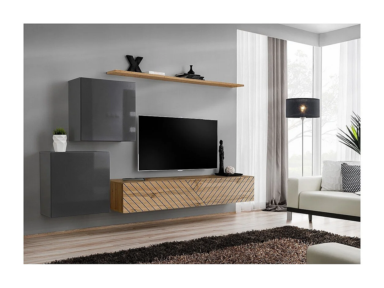 Designer-Wohnzimmermöbelset SWITCH V, in Grau und Eichenfarben. Ausführungen in glänzendem Grau und gefrästem Eichenholz.