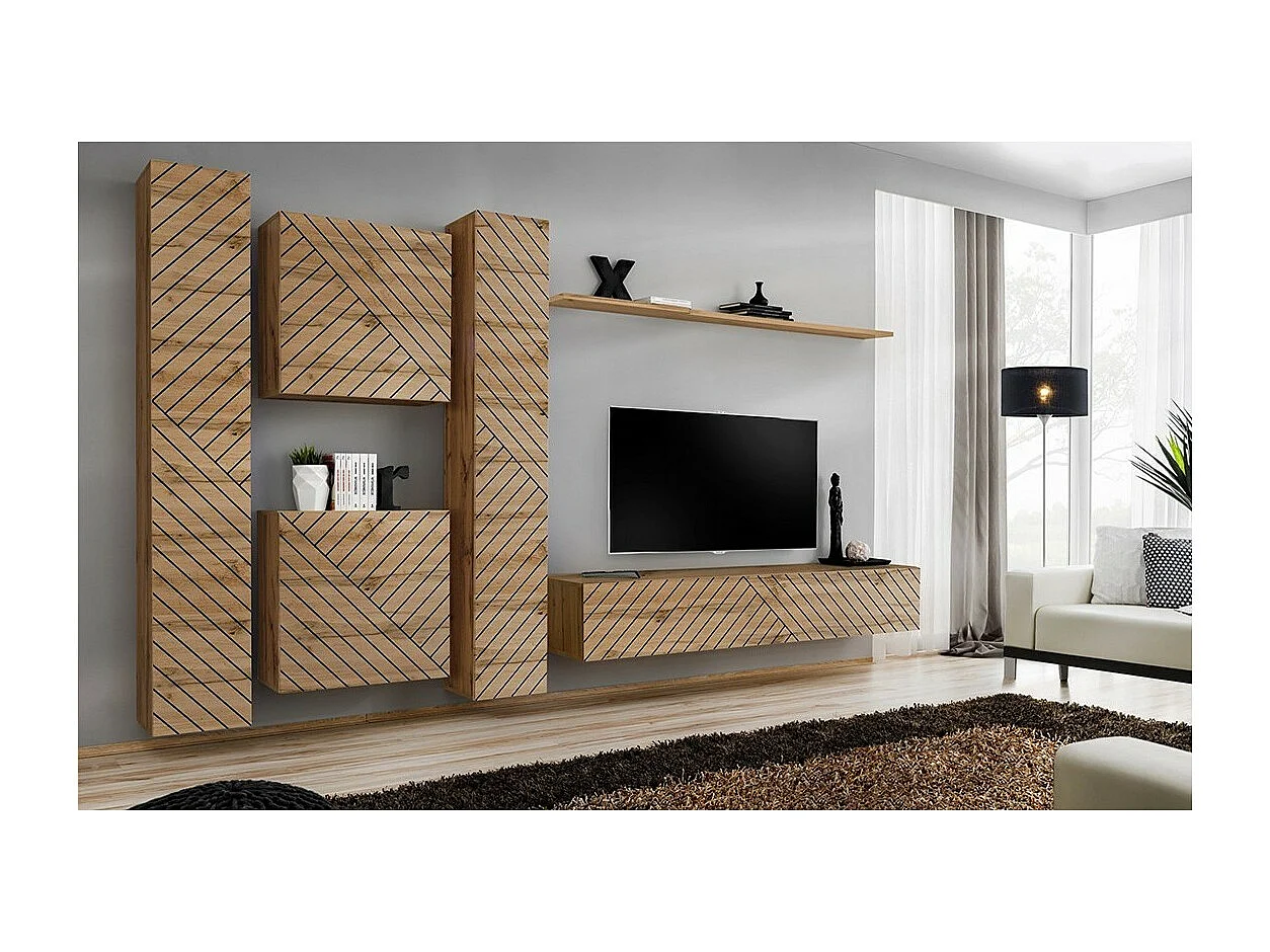 Ensemble de meubles design de salon SWITCH VI. Coloris chêne Wotan finition façade fraisée .