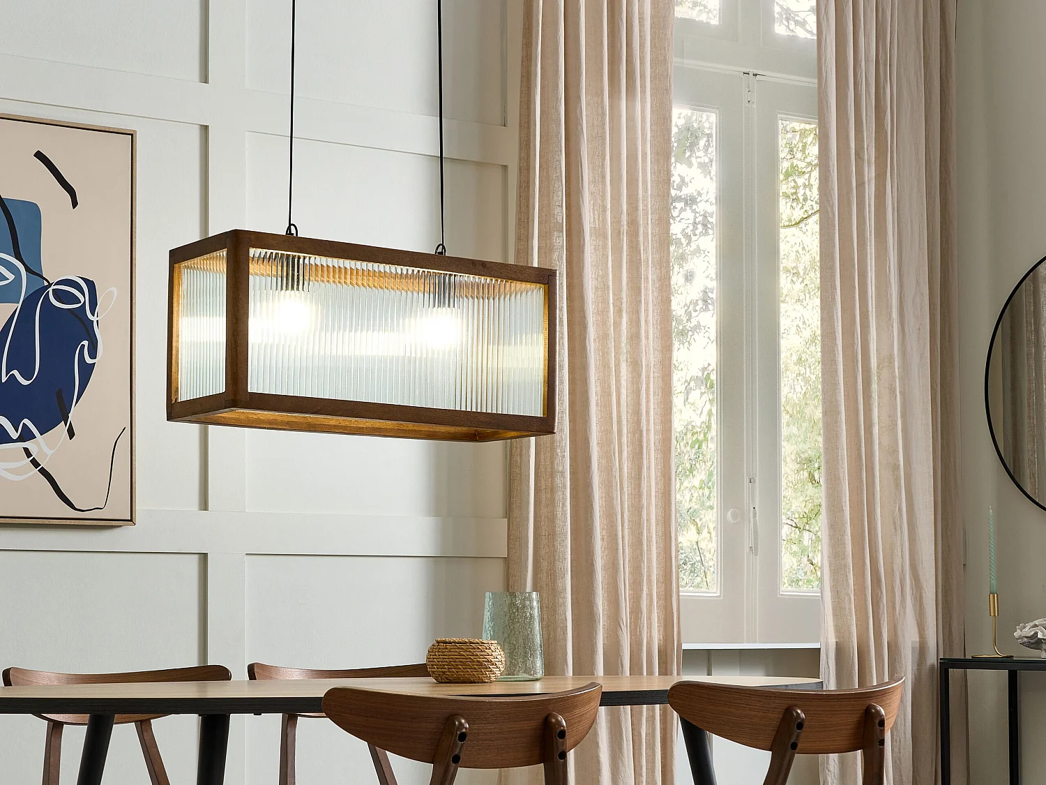 Hängelampe Mango-Holz hellbraun 2-flammig Glas Rillenstruktur handgemacht Penna