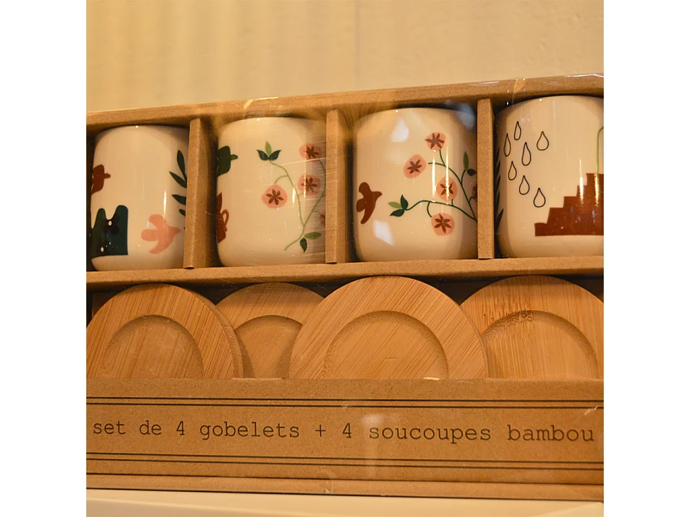 Coffret 4 gobelets et sous tasses Nature