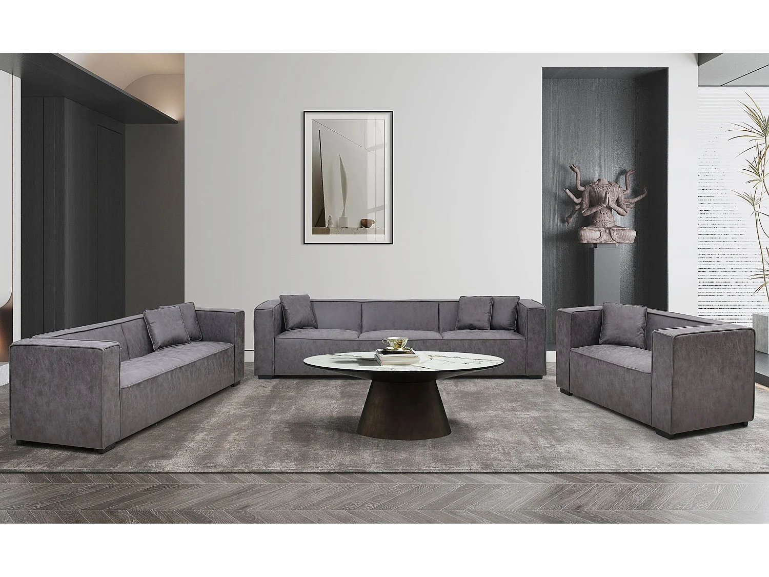 Breiter Macao Sessel in Vintage-Grau mit Lederoptik-Stoff, schlichtes und komfortables Design für zeitgenössisches Wohnzimmer