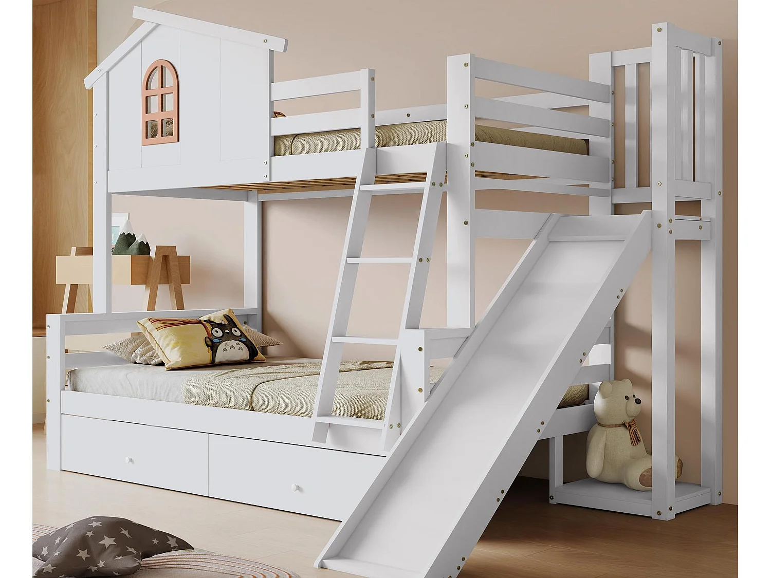 Letto a castello cabina con scivolo + cassetti - struttura in pino - 90x200cm + 120x200cm - Bianco