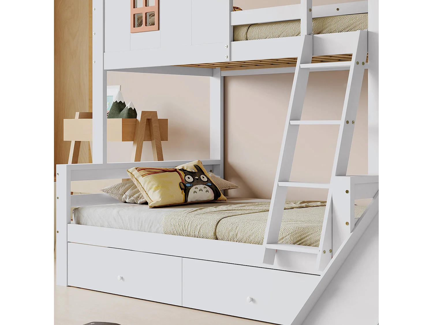 Letto a castello cabina con scivolo + cassetti - struttura in pino - 90x200cm + 120x200cm - Bianco