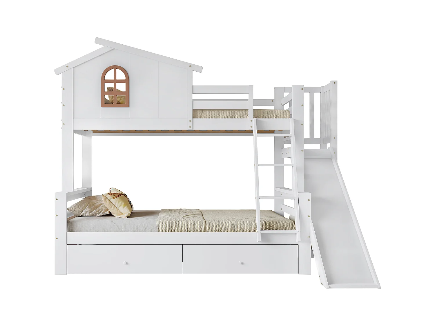 Letto a castello cabina con scivolo + cassetti - struttura in pino - 90x200cm + 120x200cm - Bianco