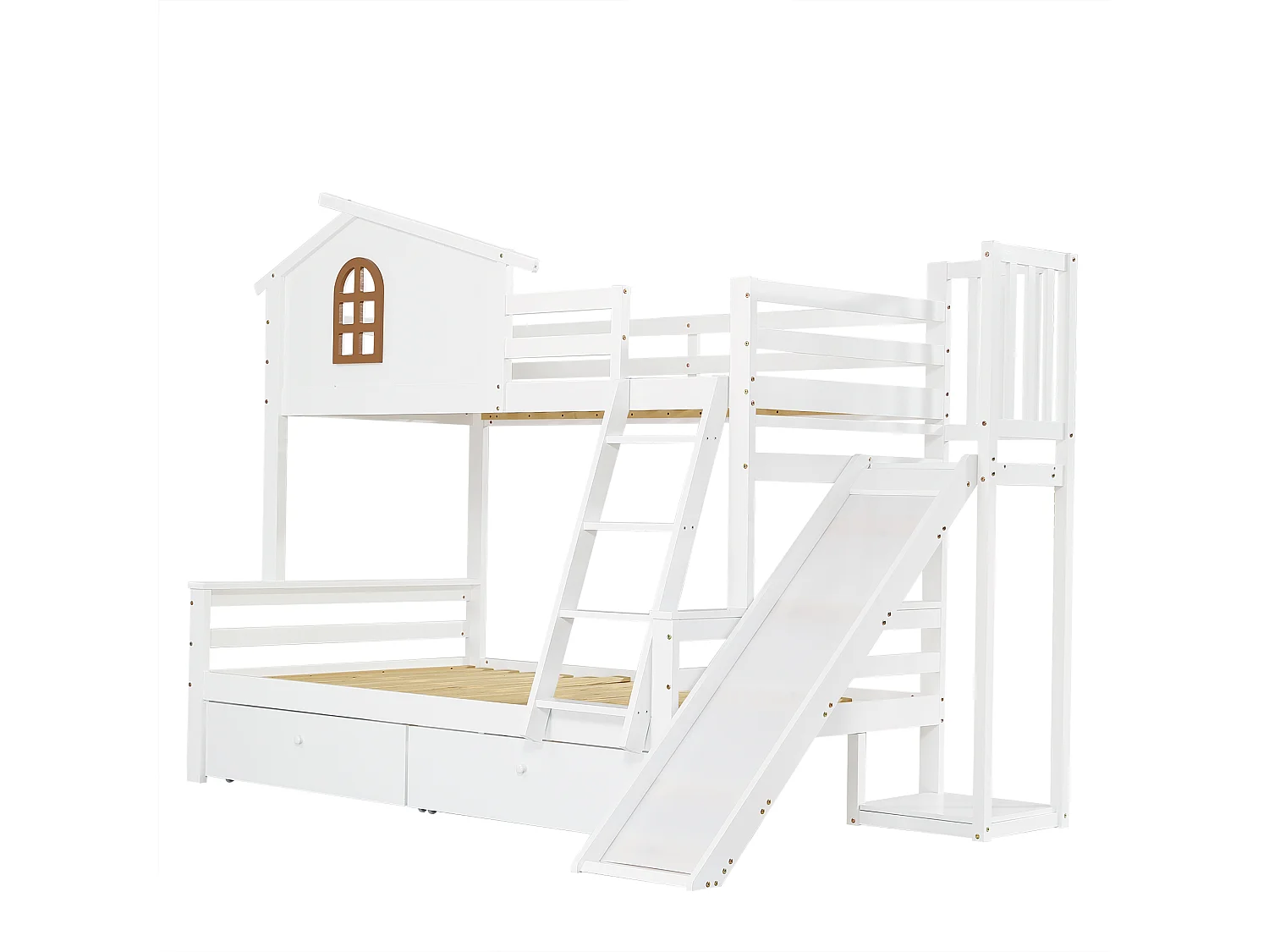 Letto a castello cabina con scivolo + cassetti - struttura in pino - 90x200cm + 120x200cm - Bianco