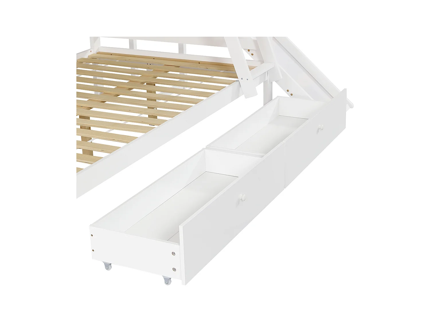 Letto a castello cabina con scivolo + cassetti - struttura in pino - 90x200cm + 120x200cm - Bianco