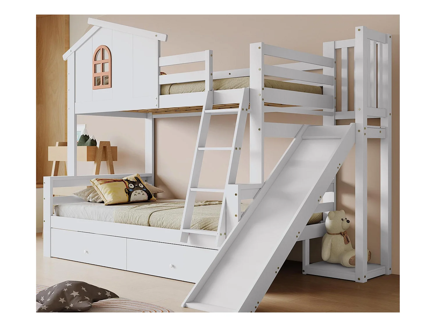 Lit superposé cabane avec toboggan + tiroirs - cadre en pin - 90x200cm + 120x200cm - Blanc