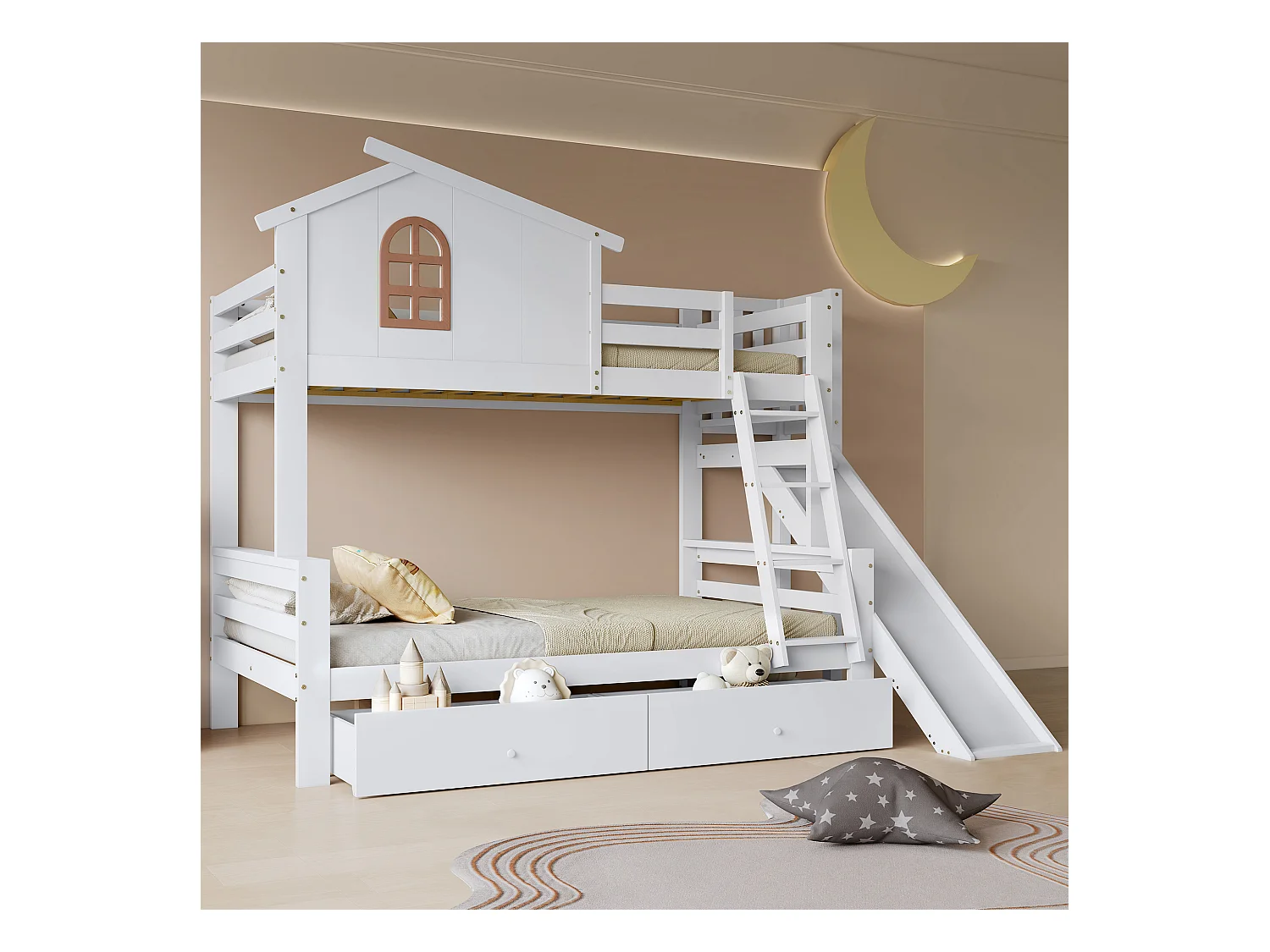 Cabine stapelbed met glijbaan + lades - grenen frame - 90x200cm + 120x200cm - Wit