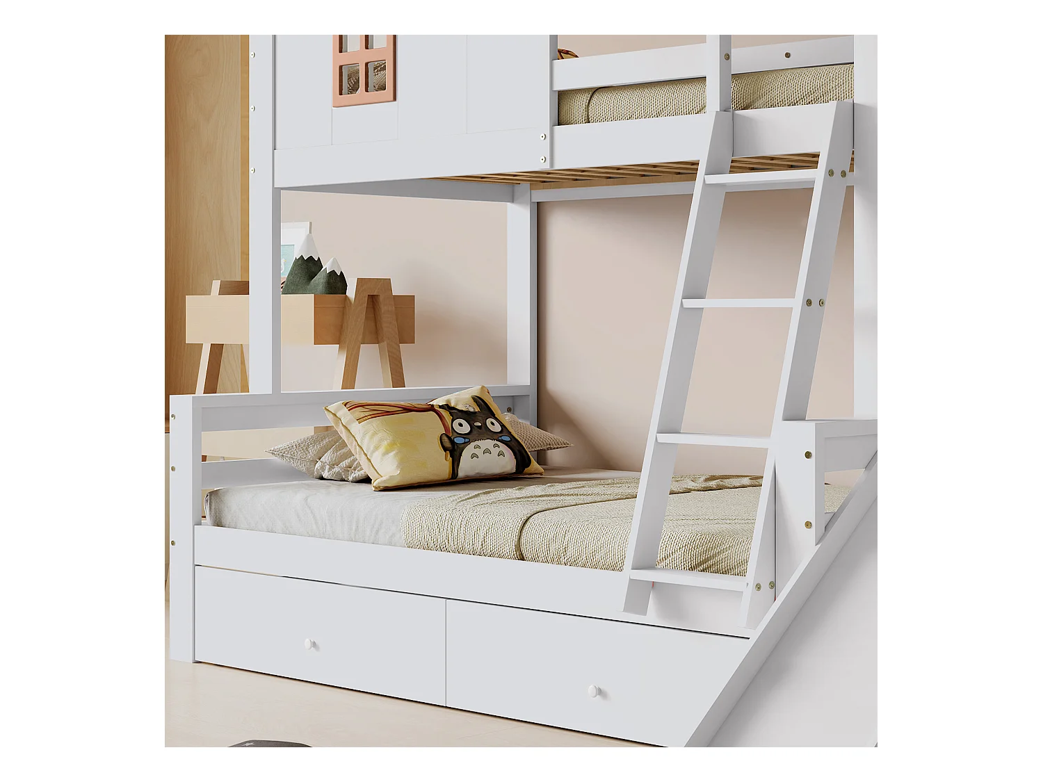 Cabine stapelbed met glijbaan + lades - grenen frame - 90x200cm + 120x200cm - Wit