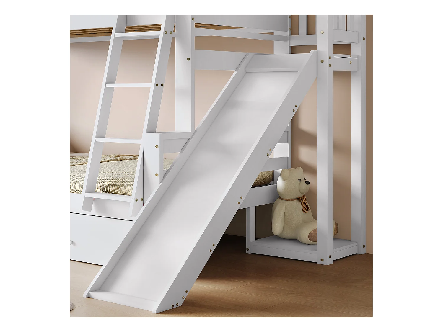 Cabine stapelbed met glijbaan + lades - grenen frame - 90x200cm + 120x200cm - Wit