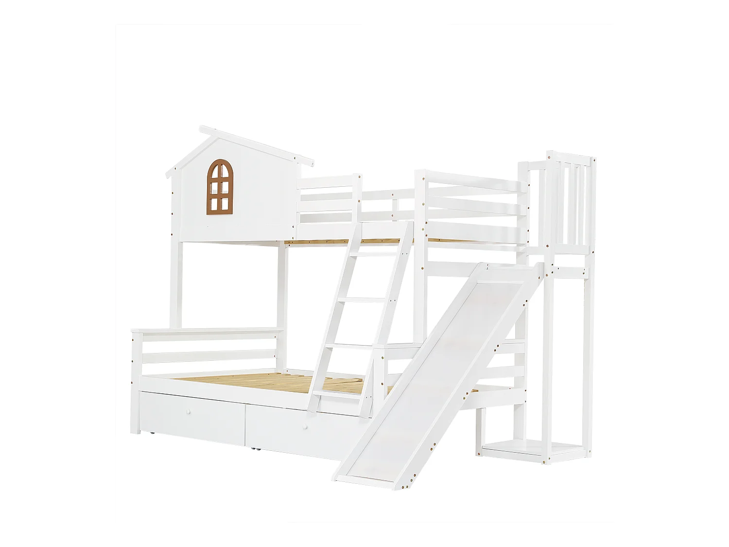 Cabine stapelbed met glijbaan + lades - grenen frame - 90x200cm + 120x200cm - Wit