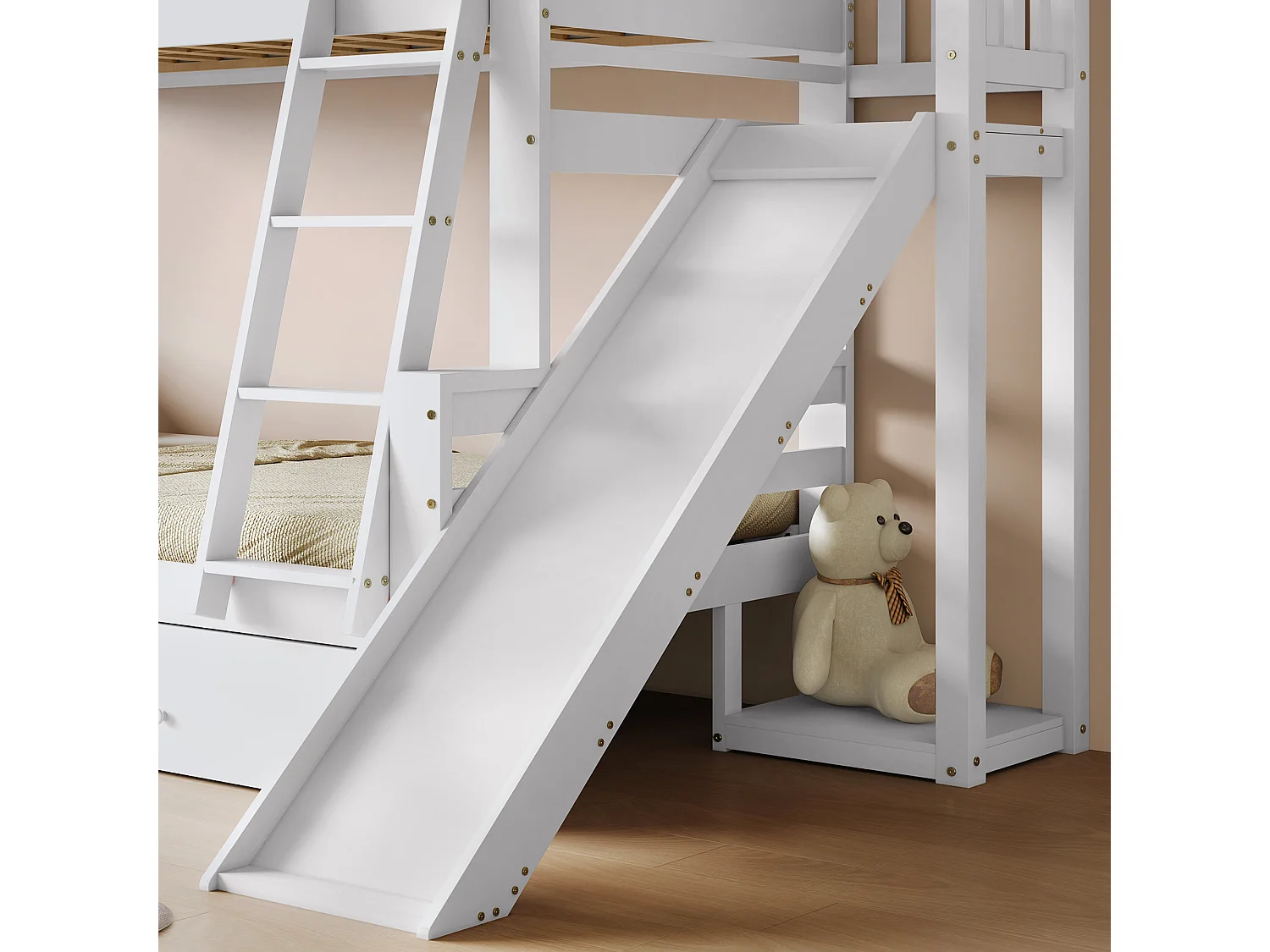 Lit superposé cabane avec toboggan + tiroirs - cadre en pin - 90x200cm + 120x200cm - Blanc