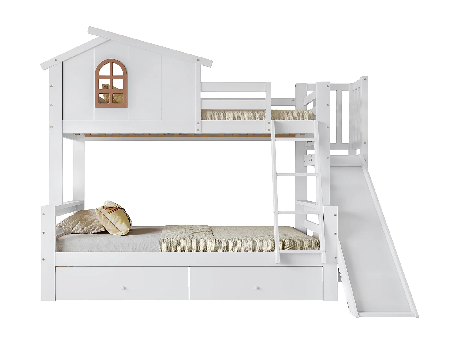 Lit superposé cabane avec toboggan + tiroirs - cadre en pin - 90x200cm + 120x200cm - Blanc