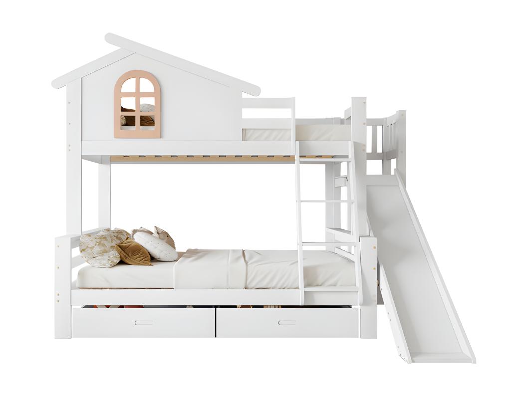 Cabine stapelbed met glijbaan + lades - grenen frame - 90x200cm + 120x200cm - Wit