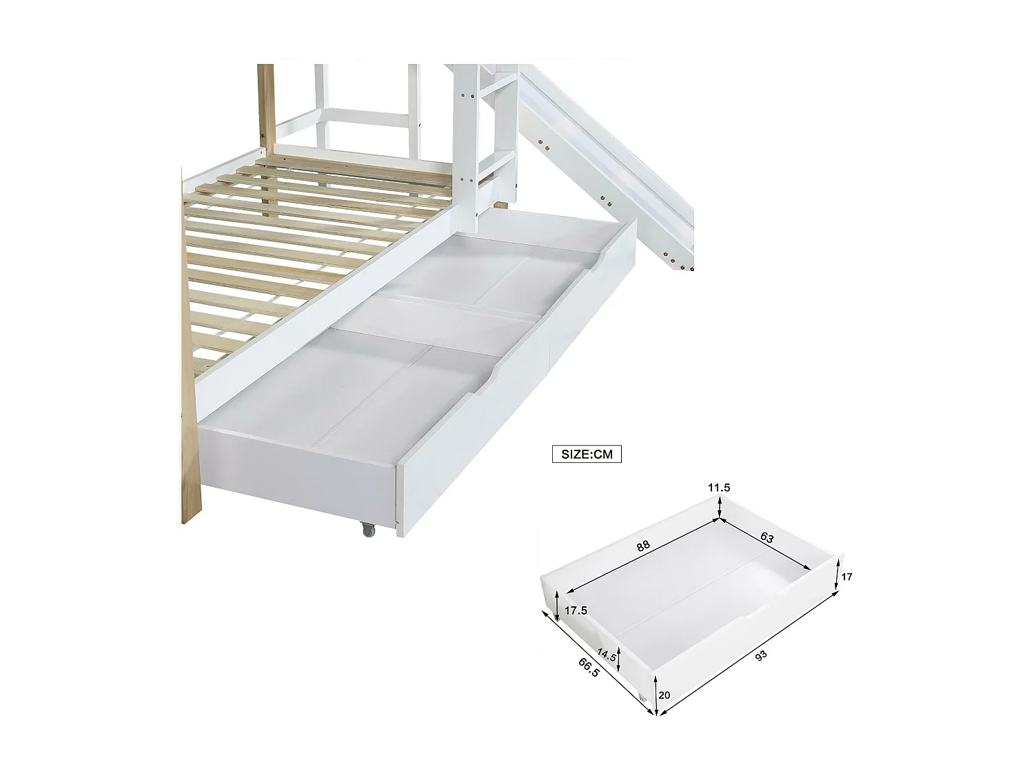 Stapelbed met glijbaan en ladder en lades - massief houten frame - 90x200 cm - Wit