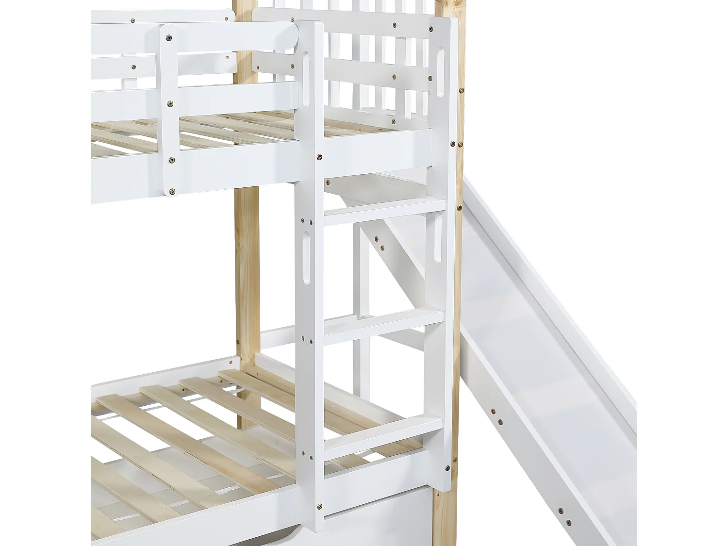 Stapelbed met glijbaan en ladder en lades - massief houten frame - 90x200 cm - Wit