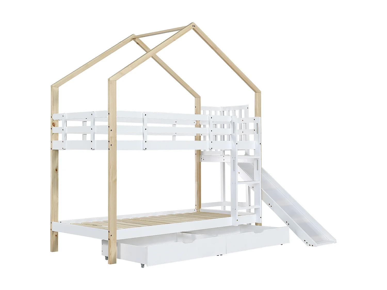 Stapelbed met glijbaan en ladder en lades - massief houten frame - 90x200 cm - Wit