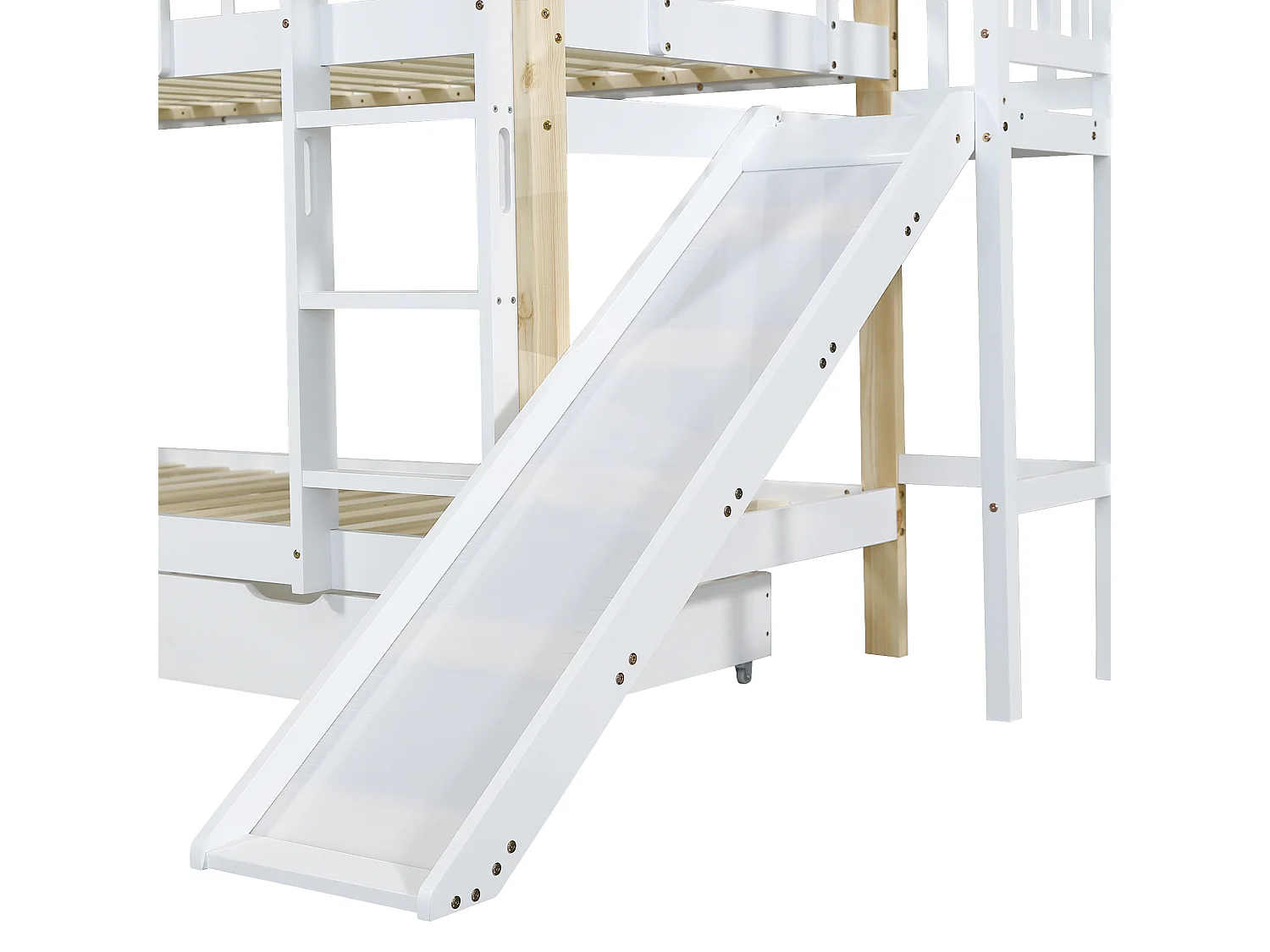 Lit superposé avec toboggan et échelle et tiroirs - cadre en bois massif - 90x200 cm - Blanc