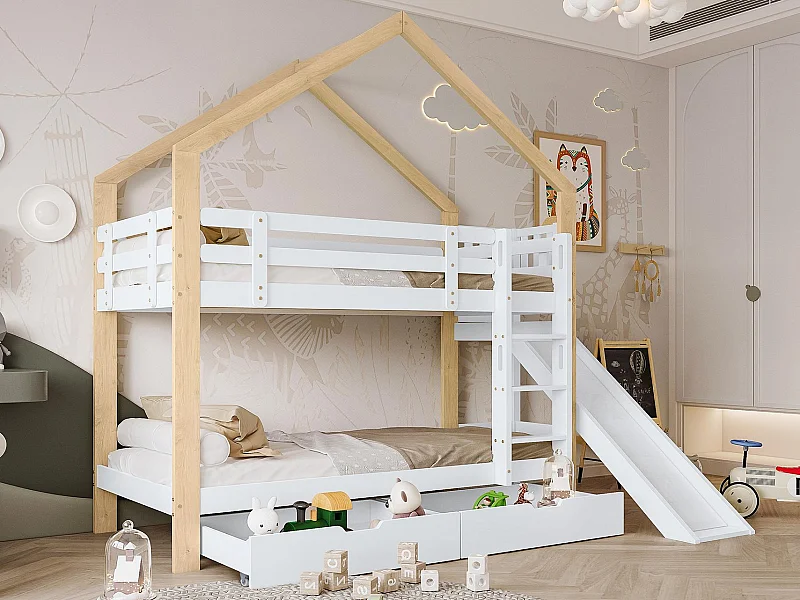 Stapelbed met glijbaan en ladder en lades - massief houten frame - 90x200 cm - Wit