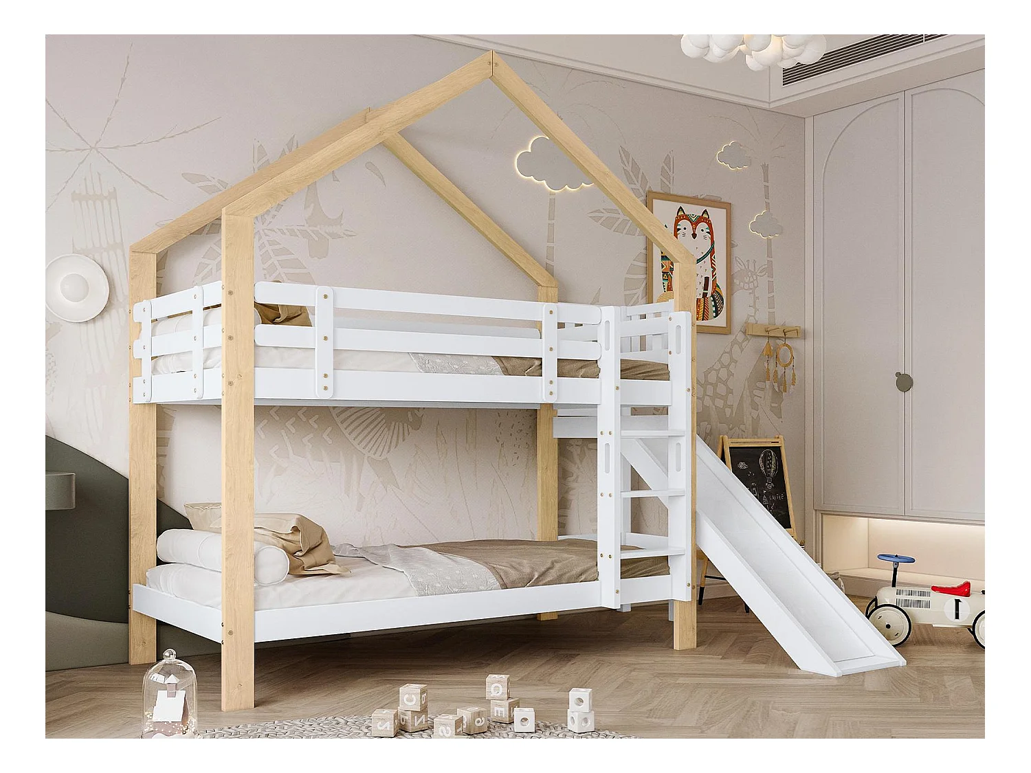 Letto a castello con scivolo e scaletta - struttura in legno massello - 90x200 cm - Bianco