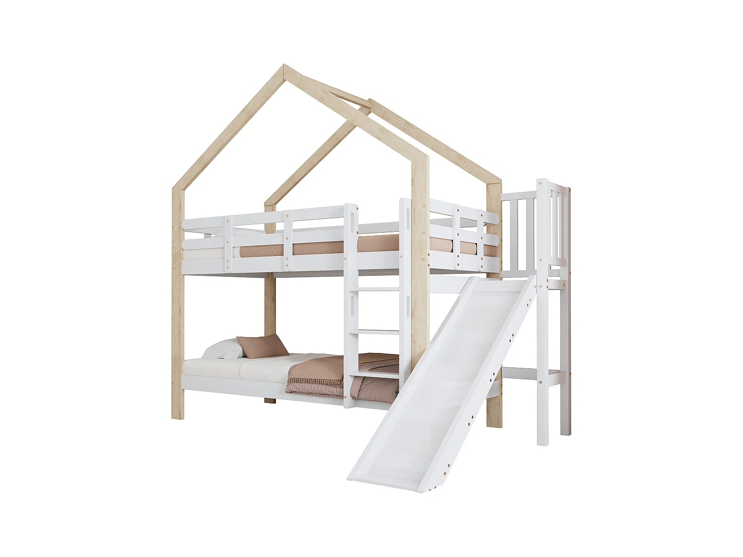 Letto a castello con scivolo e scaletta - struttura in legno massello - 90x200 cm - Bianco