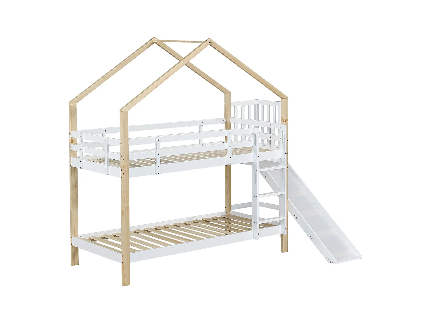 Letto a castello con scivolo e scaletta - struttura in legno massello - 90x200 cm - Bianco