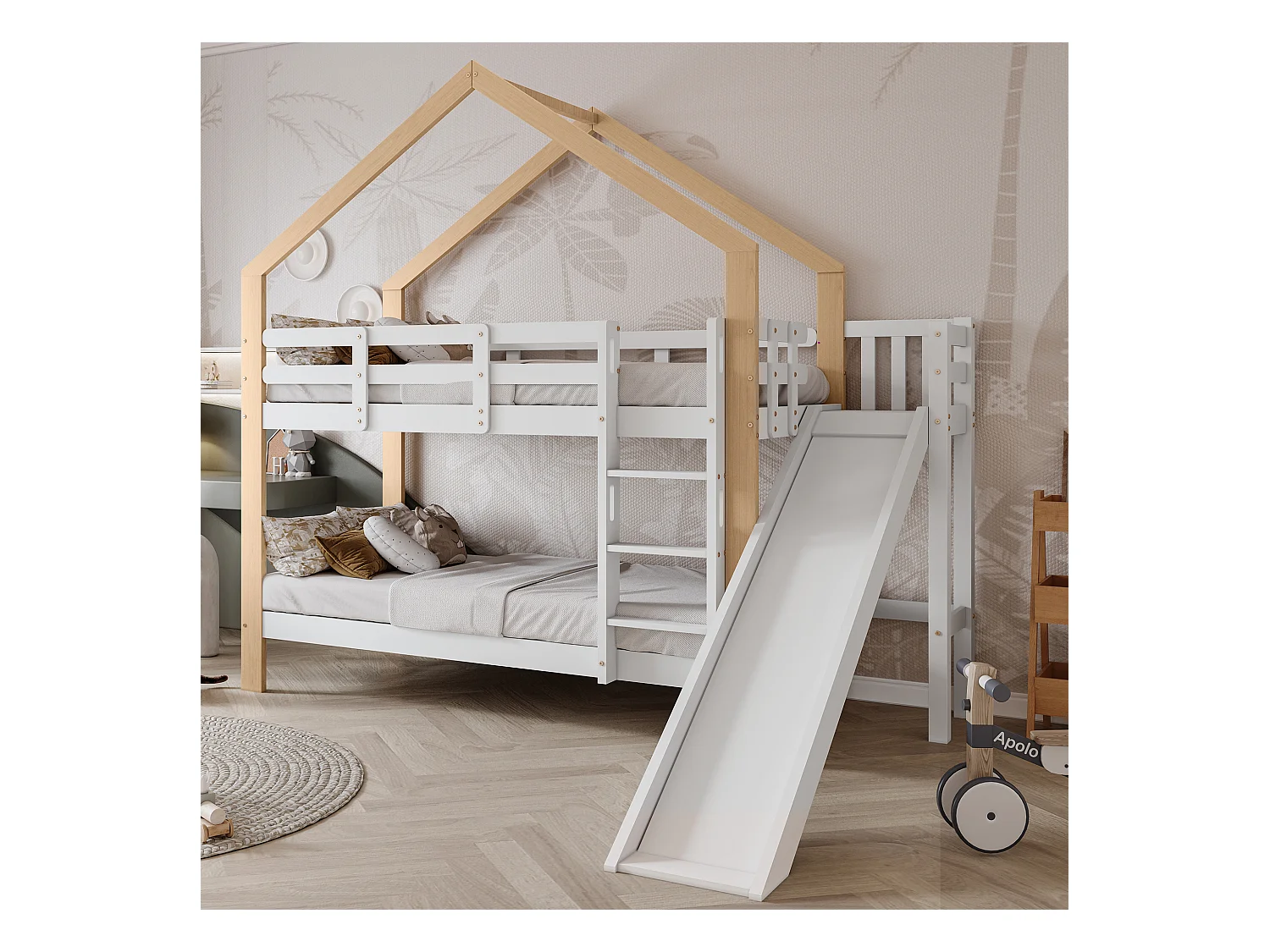 Letto a castello con scivolo e scaletta - struttura in legno massello - 90x200 cm - Bianco