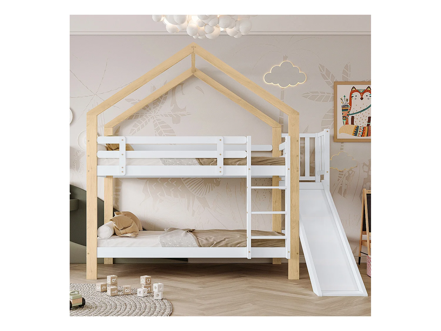 Stapelbed met glijbaan en ladder - massief houten frame - 90x200 cm - Wit