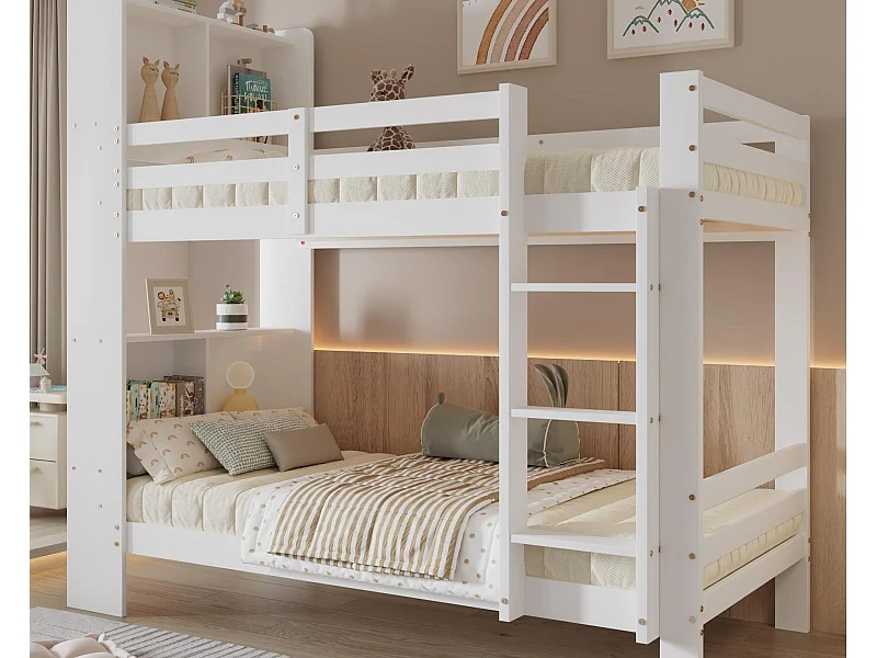 Stapelbed met vakken en ladder - grenen frame - 90x200cm - wit