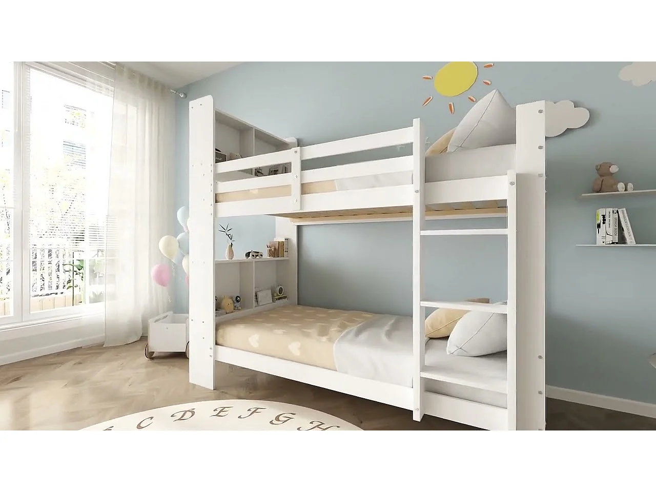 Lit superposé avec compartiments et échelle - cadre en pin - 90x200cm - blanc