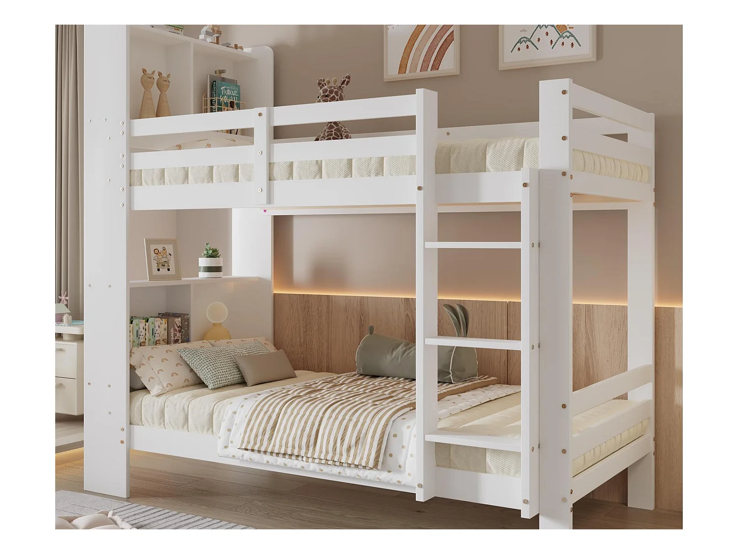 Lit superposé avec compartiments et échelle - cadre en pin - 90x200cm - blanc