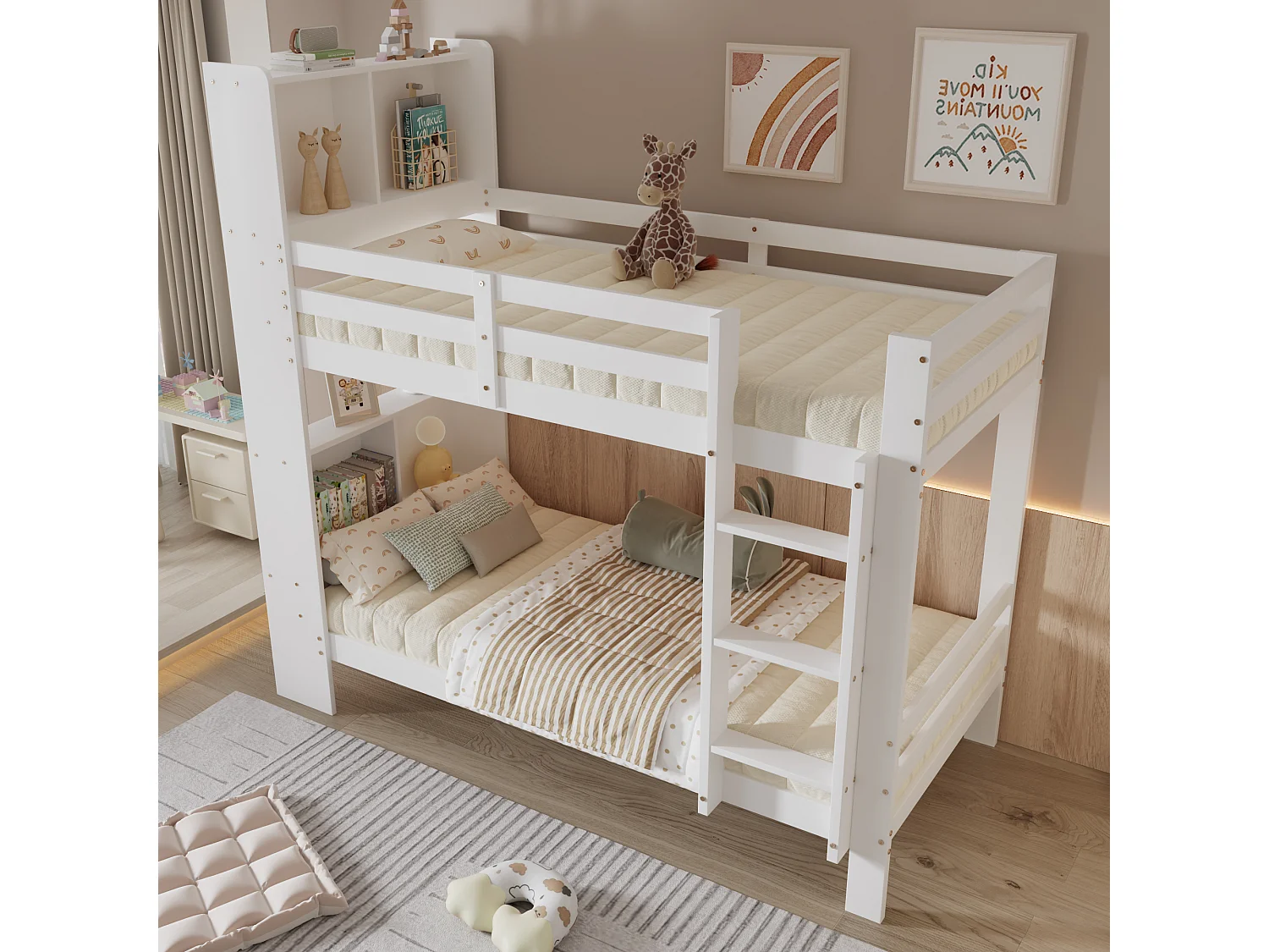 Beliche com compartimentos e escada - moldura em pinho - 90x200cm - branco -
