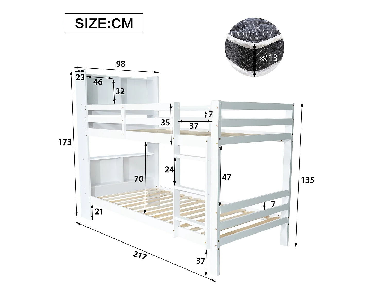 Beliche com compartimentos e escada - moldura em pinho - 90x200cm - branco -