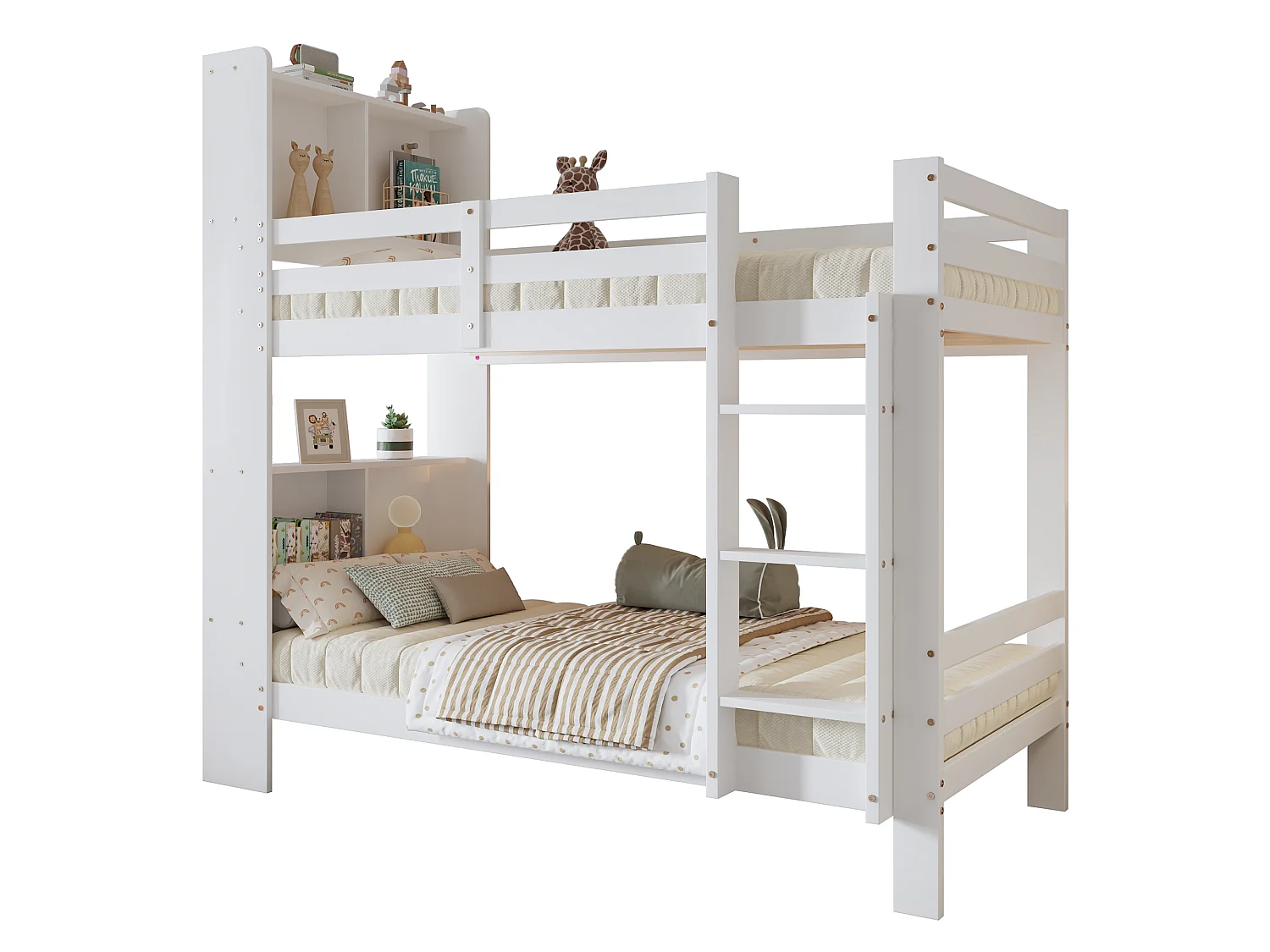 Beliche com compartimentos e escada - moldura em pinho - 90x200cm - branco -