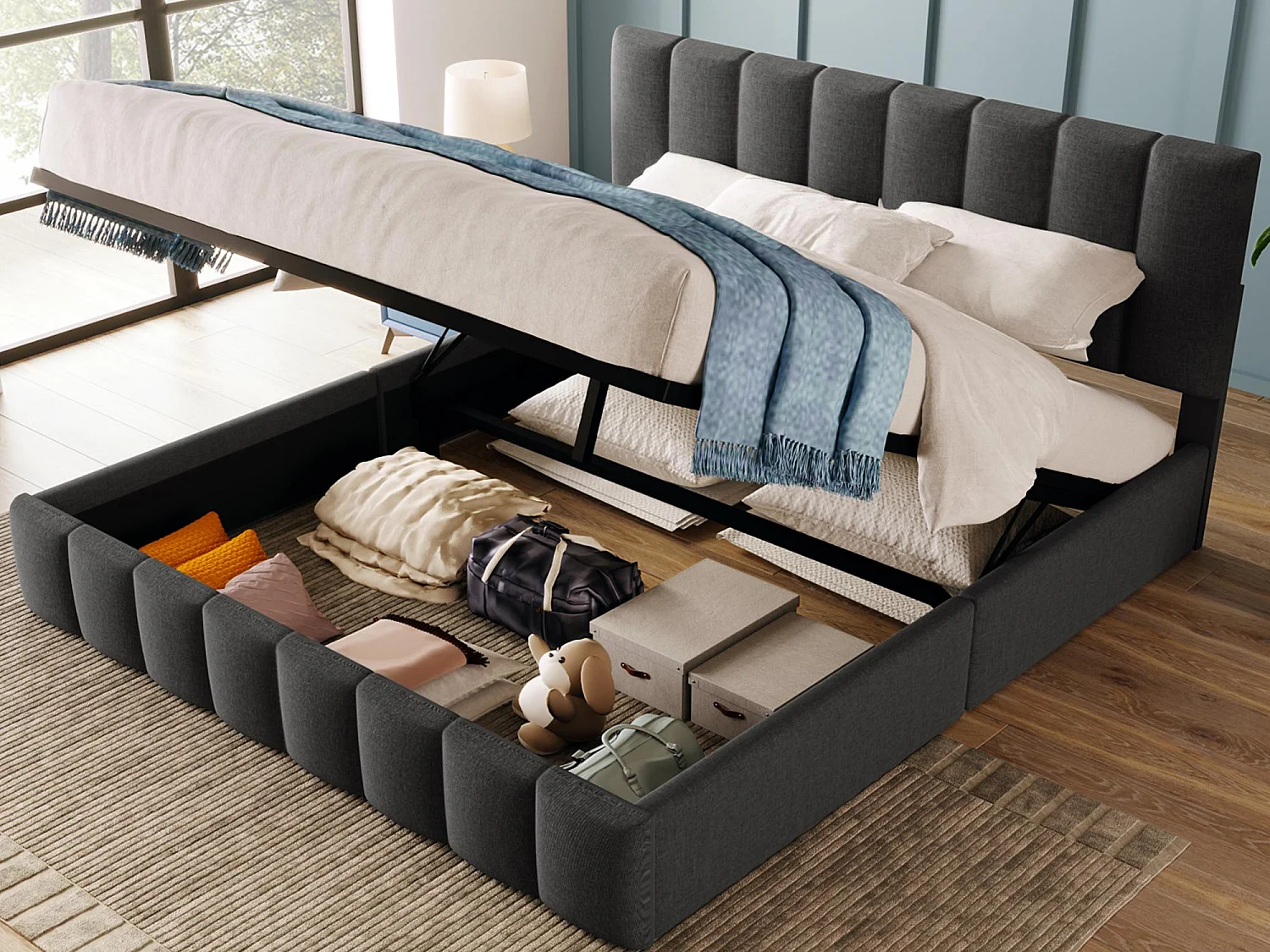 Bett mit Stauraum aus Leinen – gepolstertes Bett mit verstellbarem Kopfteil – Lattenrost – 140 x 200 cm – grau